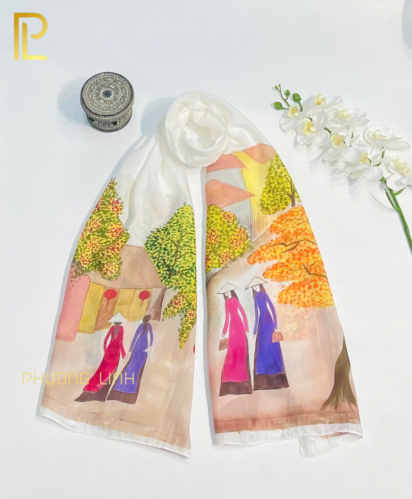 KHĂN LỤA HÀ ĐÔNG VẼ TAY NGHỆ THUẬT PHỐ CỔ CAO CẤP