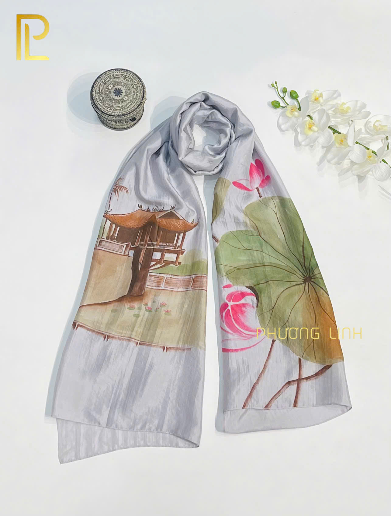 KHĂN LỤA HÀ ĐÔNG VẼ TAY NGHỆ THUẬT CHÙA MỘT CỘT CAO CẤP