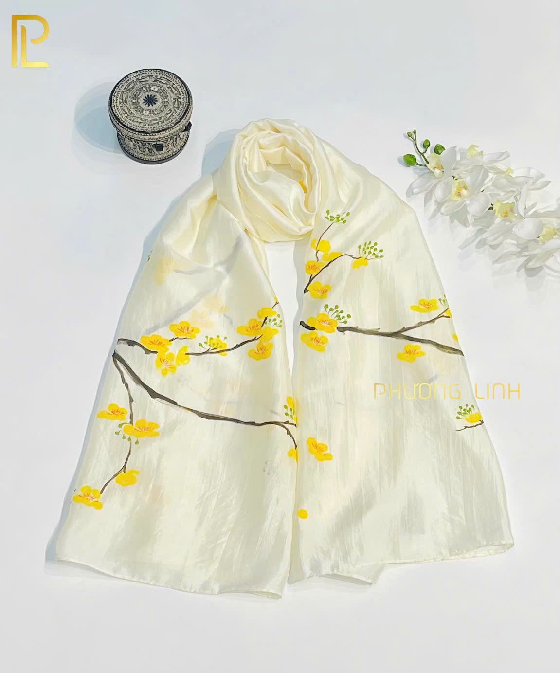 KHĂN LỤA HÀ ĐÔNG VẼ TAY NGHỆ THUẬT HOA ĐÀO CAO CẤP