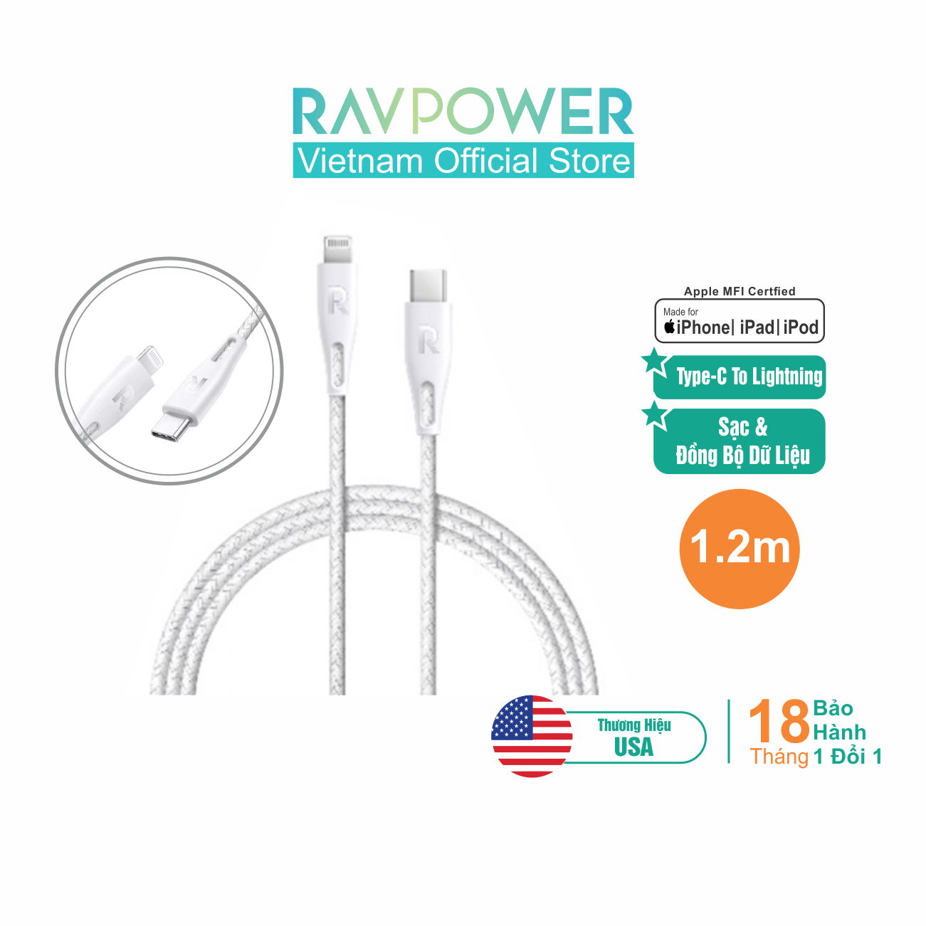 Dây Cáp Sạc Lightning Cho iPhone, iPad RAVPower RP-CB1004 MFI Type C To Lightning -  Dài 1,2m - Hàng Phân Phối Chính Hãng