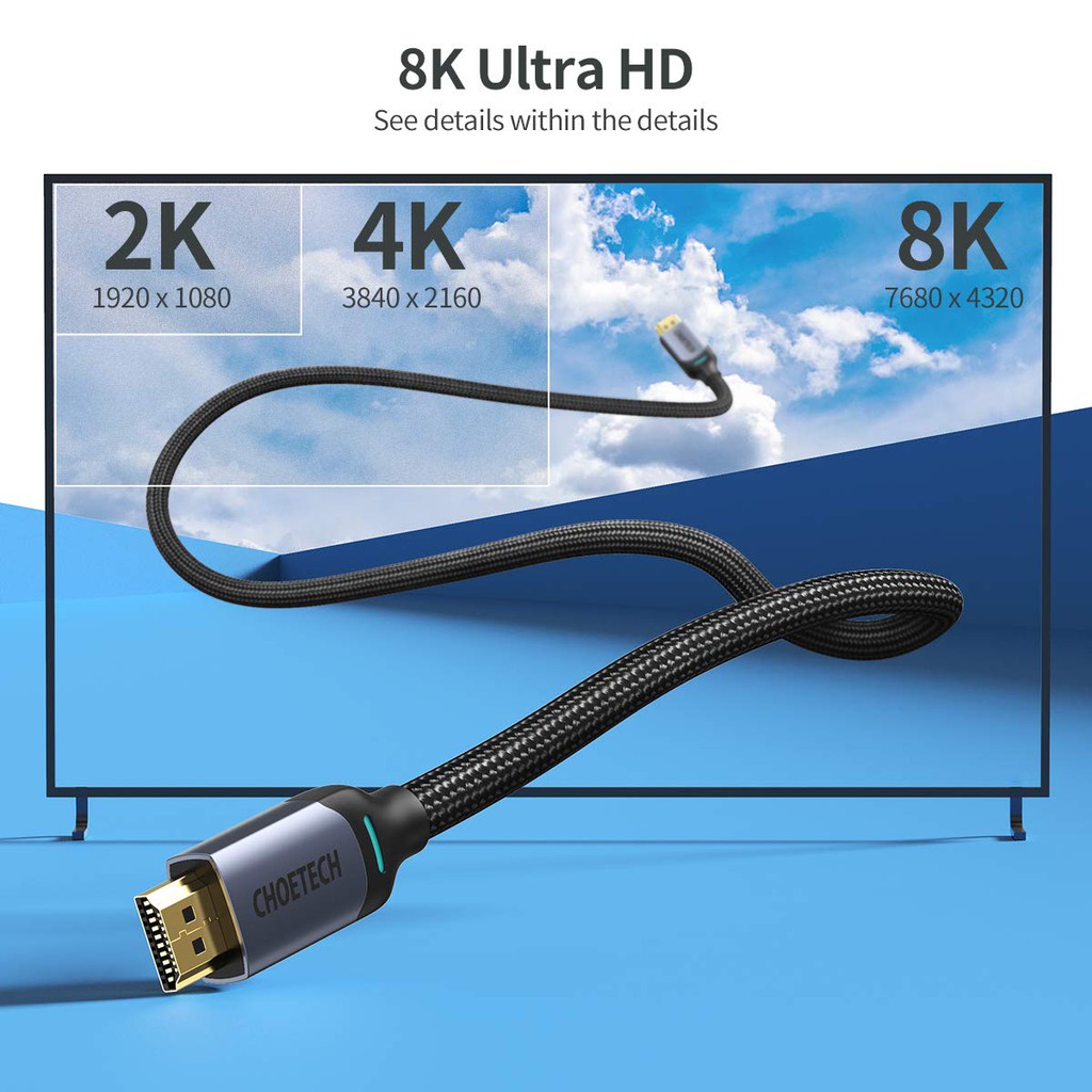 Dây Cáp Dù Lõi HDMI 2.1 8K 48Gbps, 4K 165Hz Dài 2M CHOETECH XHH01 Dùng Cho Tivi/ Máy Tính/ Playstaysion - Hàng Chính Hãng