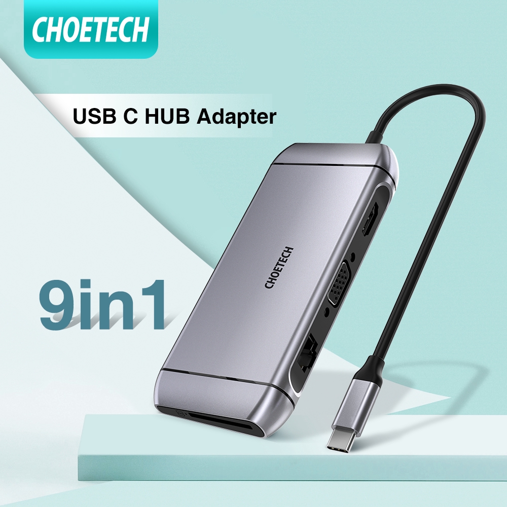 Bộ Chia CHOETECH HUB-M15 Cổng USB C 9 Trong 1 Với 4k Hdmi/PD 100w/Usb 3.0/Rj45 Ethernet/Vga/TF/SD/USB 3.0 - Hàng Chính Hãng