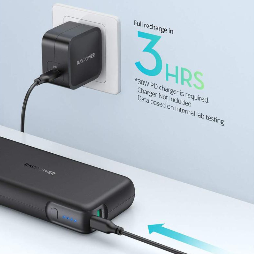 Pin Sạc Dự Phòng Laptop, Macbook, Điện Thoại RAVPower 20000mAh In/Out Type-C QC 3.0 + PD 60W- RP-PB201 - Hàng Chính Hãng - Đen