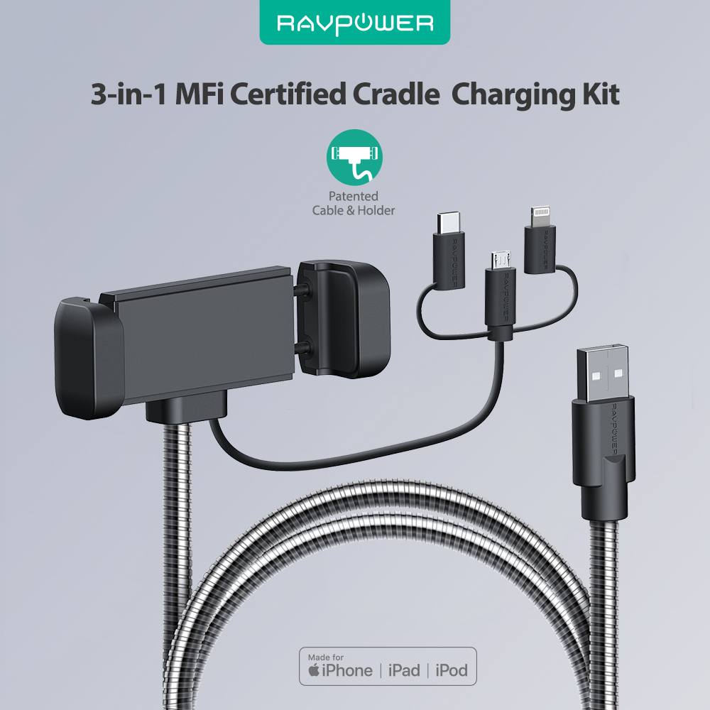 Cáp Sạc 3 Trong 1 (Lightning, Micro USB, Type-C) RAVPower 0.6m,MFI, Khung Thép - RP-CB015