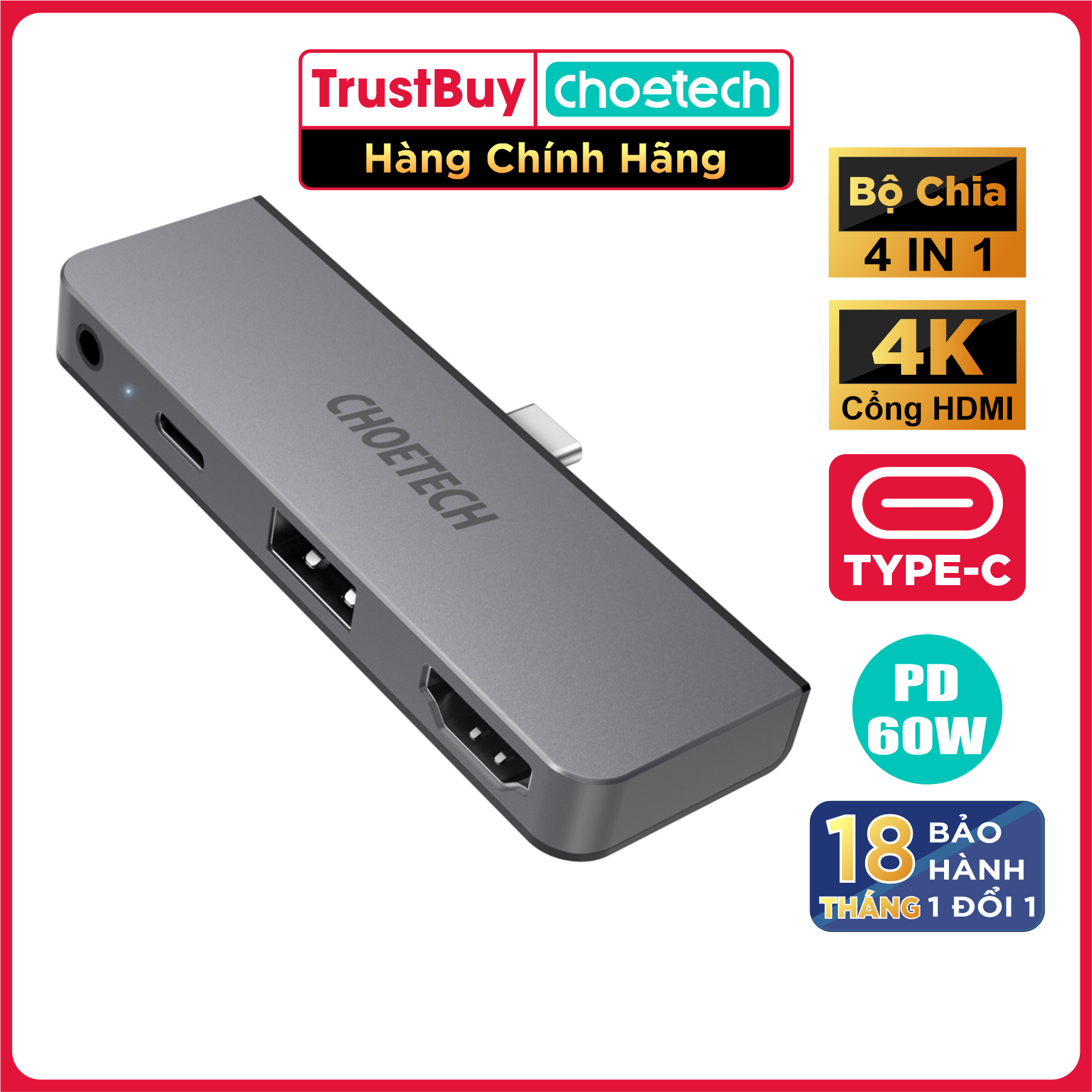 Hub Chuyển Đổi Type C to HDMI 4 In 1 CHOETECH HUB-M13 Tương Thích Với iPad Pro, Macbook, Laptop - Hàng Chính Hãng