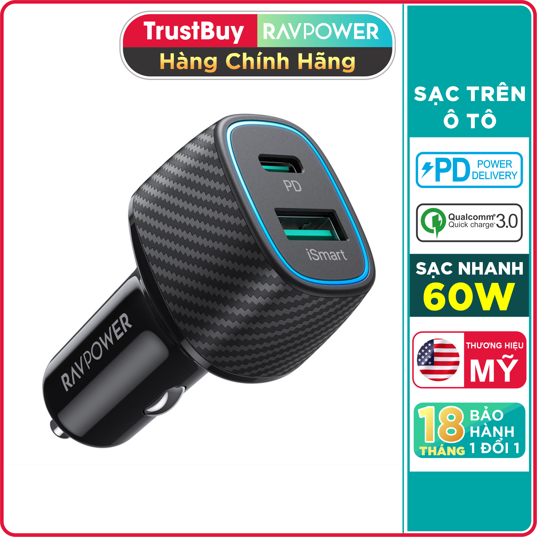 Củ Sạc Tẩu Sạc Ô Tô 60W 1 Cổng Type C 36W Và 1 Cổng USB QC 3.0 24W RAVPower RP-VC009 - Hàng Chính Hãng