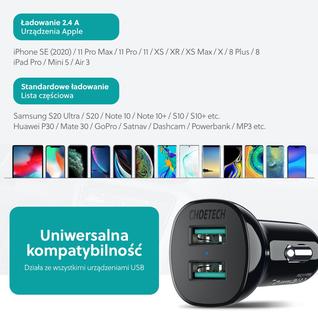 Củ Sạc Điện Thoại Ô Tô 15W, 2 Cổng USB CHOETECH C0053 - Hàng Chính Hãng