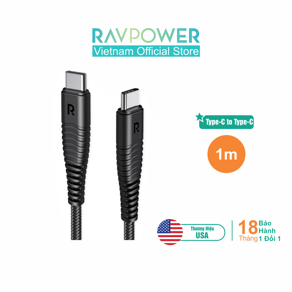 Dây Cáp Sạc Type-C to Type-C Sạc Nhanh cho điện thoại, tablet, ultrabook, MacBook Air Dài 1m, Dây Dù Nylon RAVPower RP-CB047 - Hàng Phân Phối Chính Thức
