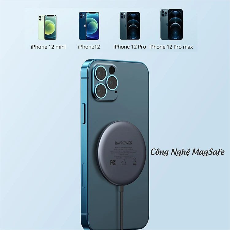 Bộ Sạc Không Dây MagSafe Nam Châm 15W RAVPower RP-WC012 Kèm Củ Sạc Type C 20W Sạc iPhone 12, iPhone 13 - Hàng Chính Hãng
