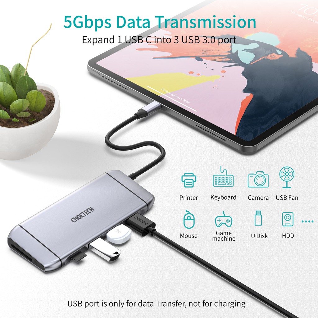 Bộ Chia CHOETECH HUB-M15 Cổng USB C 9 Trong 1 Với 4k Hdmi/PD 100w/Usb 3.0/Rj45 Ethernet/Vga/TF/SD/USB 3.0 - Hàng Chính Hãng