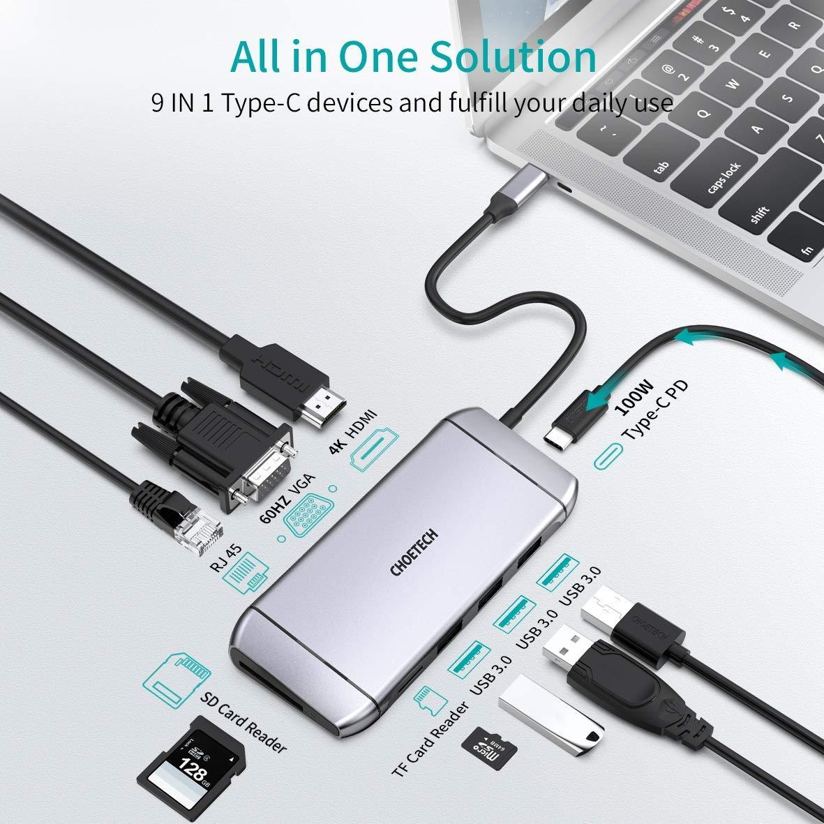 Bộ Chia CHOETECH HUB-M15 Cổng USB C 9 Trong 1 Với 4k Hdmi/PD 100w/Usb 3.0/Rj45 Ethernet/Vga/TF/SD/USB 3.0 - Hàng Chính Hãng