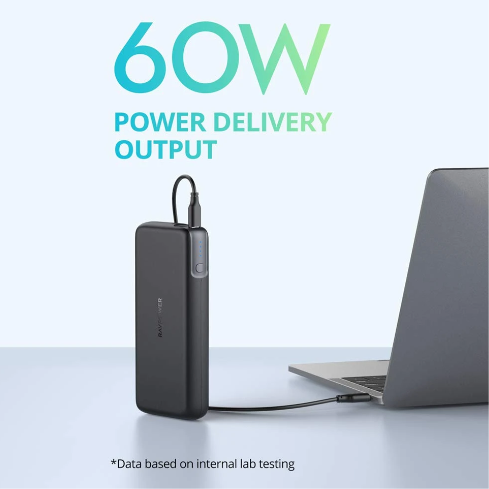 Pin Sạc Dự Phòng Laptop, Macbook, Điện Thoại RAVPower 20000mAh In/Out Type-C QC 3.0 + PD 60W- RP-PB201 - Hàng Chính Hãng - Đen