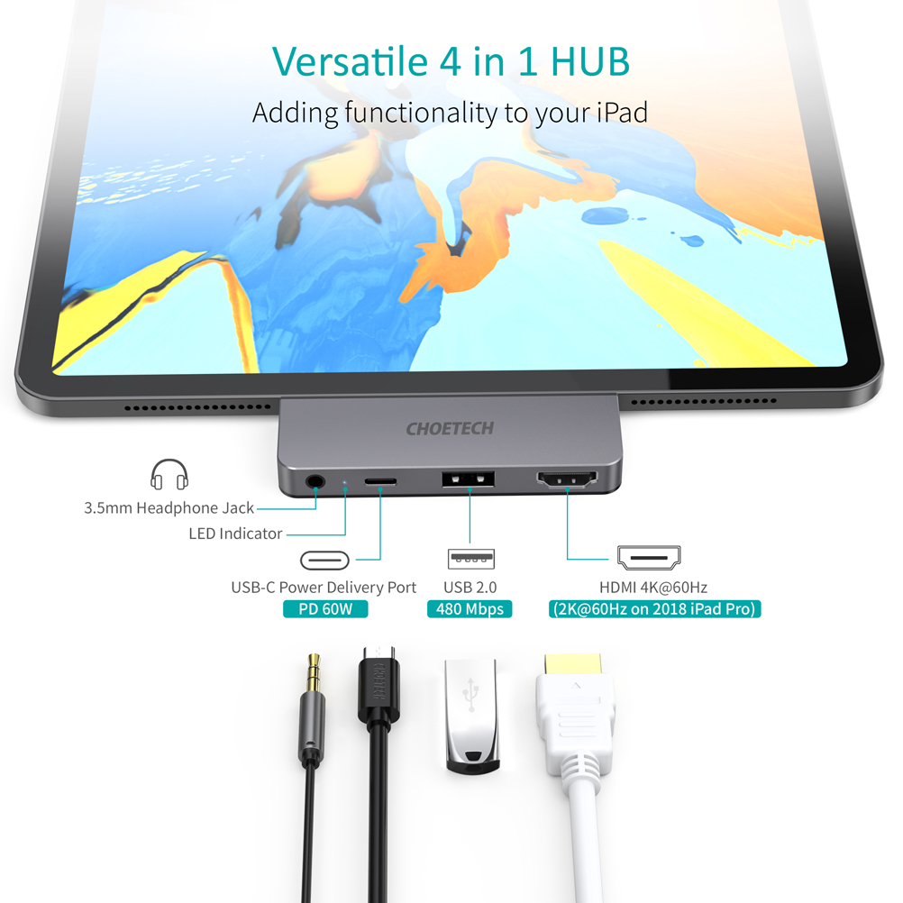 Hub Chuyển Đổi Type C to HDMI 4 In 1 CHOETECH HUB-M13 Tương Thích Với iPad Pro, Macbook, Laptop - Hàng Chính Hãng