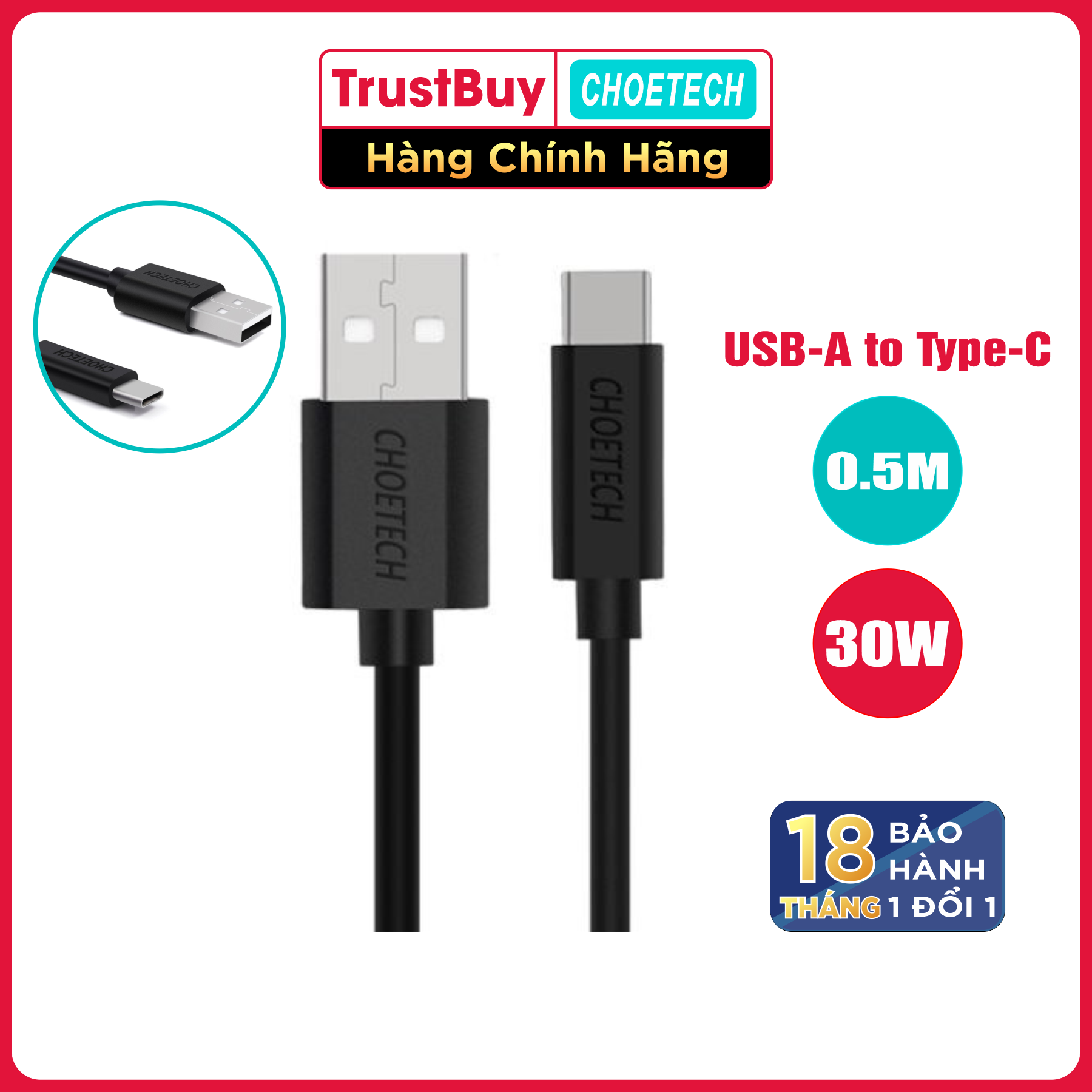 Dây Cáp Sạc Điện Thoại USB to USB Type C 30W Dài 0.5M CHOETECH AC0001 - Hàng Chính Hãng
