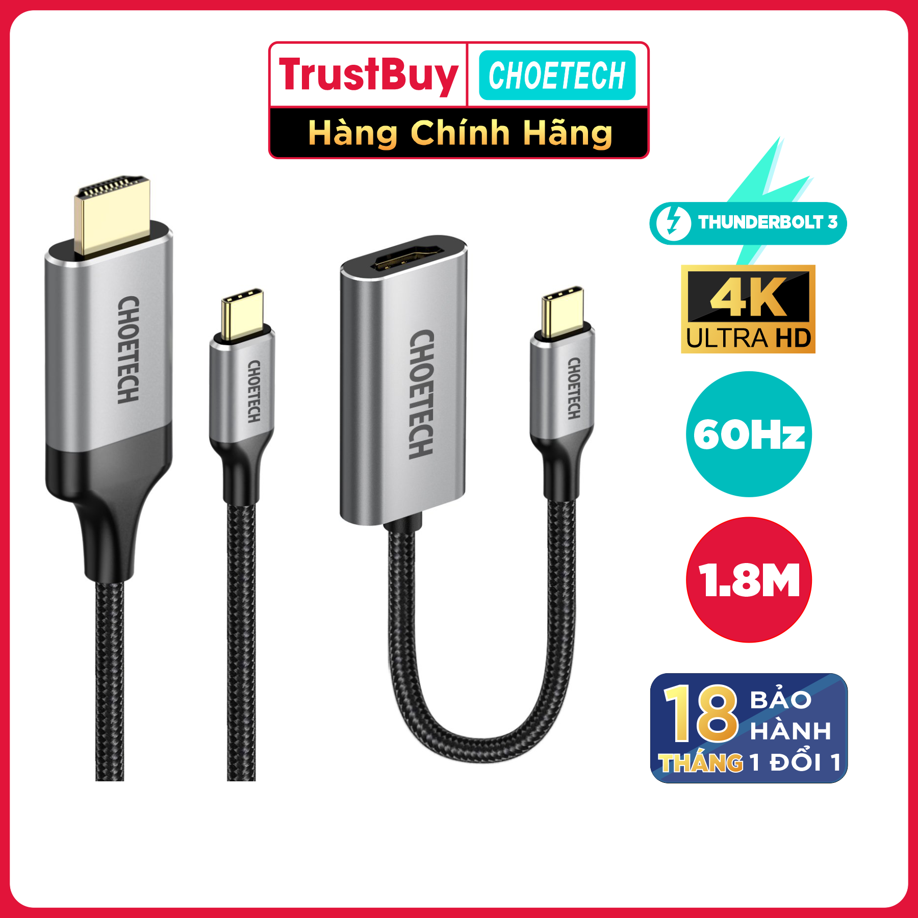 Bộ Cáp Type C to HDMI Dài 1.8M Phân Giải 4K 60Hz Kèm Đầu Chuyển C to HDMI Thunderbolt 3 CHOETECH CH0033-BK- Hàng Chính Hãng