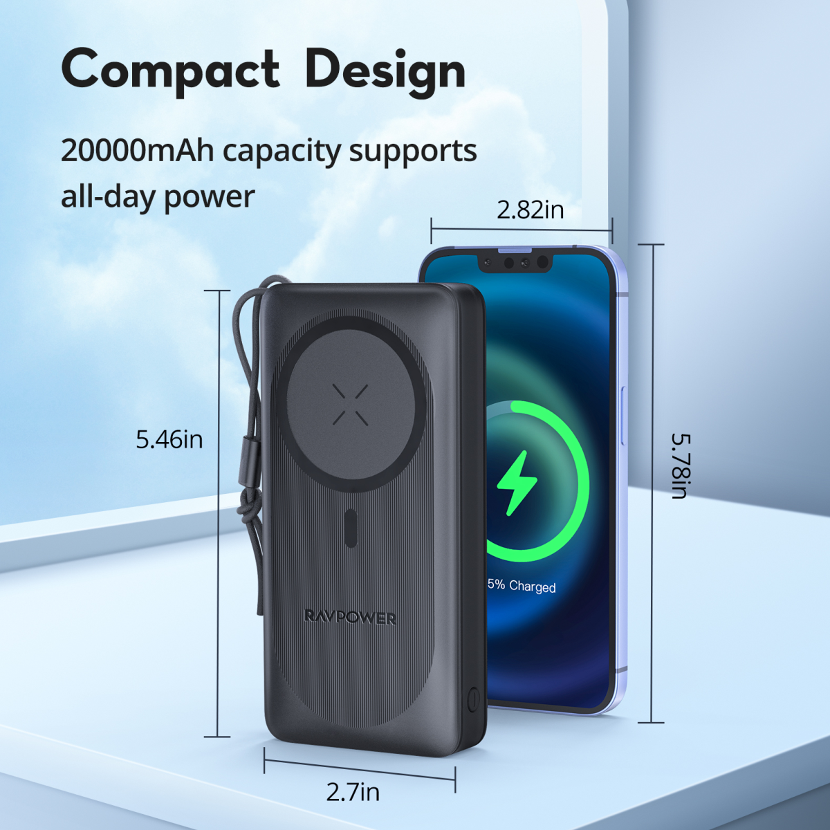 Pin Sạc Dự Phòng 20.000mAh RAVPower RP-PB1214 Sạc Nhanh 20W, Sạc Không Dây Nam Châm Từ Tính Tối Đa 15W - Hàng Chính Hãng