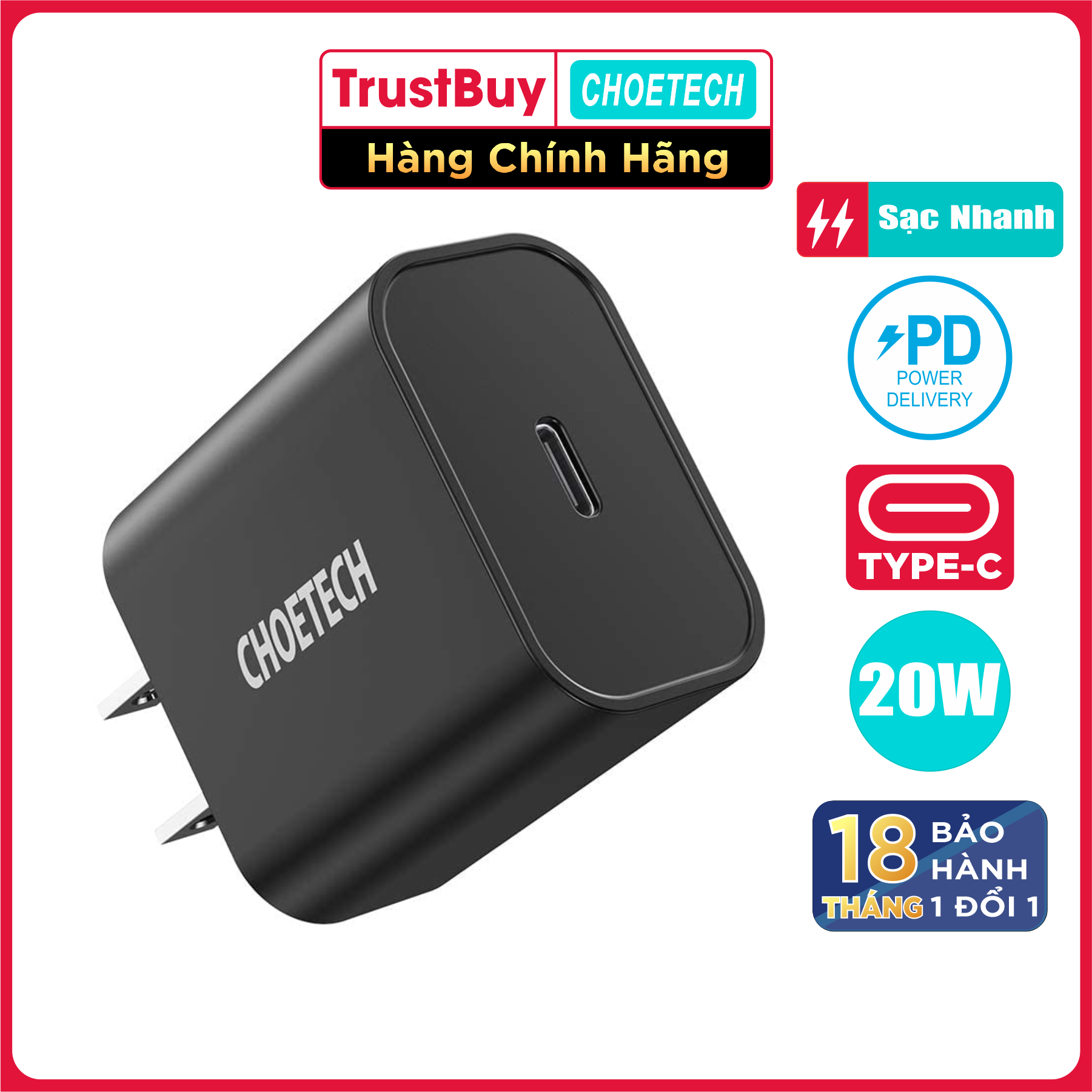 Adapter Củ Sạc CHOETECH PD 20W Chuyên Sạc Nhanh iPhone, iPad, Oppo, Xiaomi chống cháy nổ, PD5005 - Hàng Chính Hãng