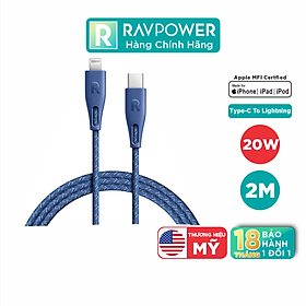 Dây Cáp Sạc điện thoại Iphone RAVPower RP-CB1018 Type-C To Lightning 20W Chuẩn MFI C94 Sạc Nhanh Cho iPhone, Cho iPad, Dây Nylon Siêu Bền Dài 2m  - Hàng Chính Hãng