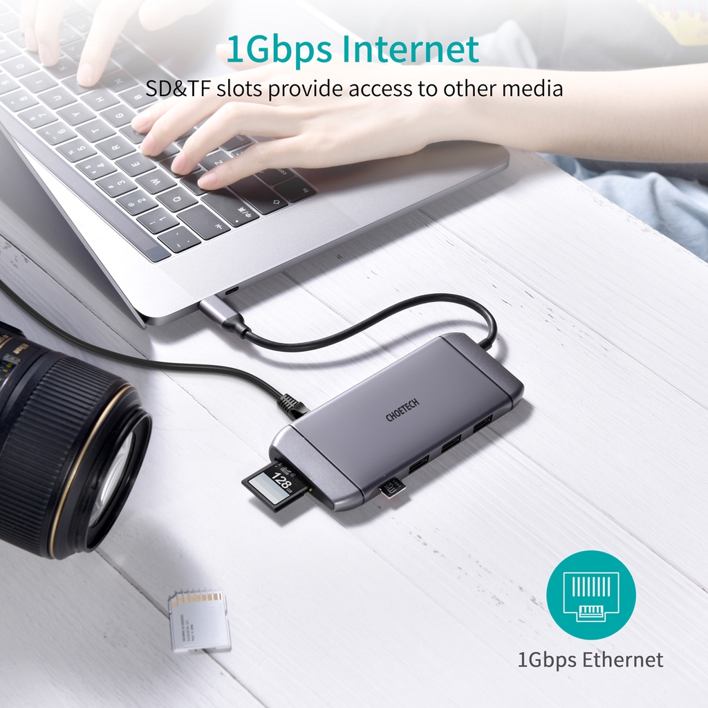 Bộ Chia CHOETECH HUB-M15 Cổng USB C 9 Trong 1 Với 4k Hdmi/PD 100w/Usb 3.0/Rj45 Ethernet/Vga/TF/SD/USB 3.0 - Hàng Chính Hãng