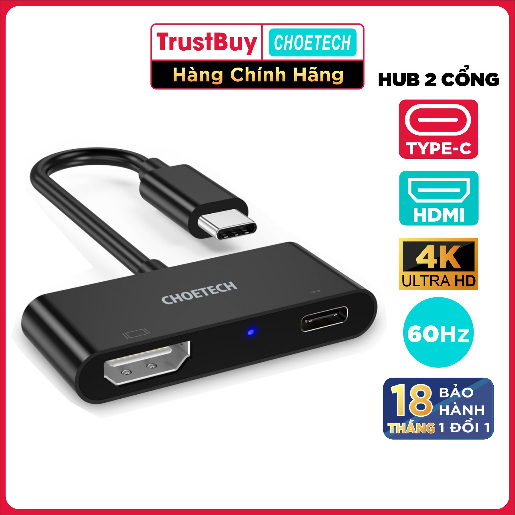 Hub Adapter Chuyển Đổi 2 Cổng USB Type C To HDMI 4K 60Hz Và PD 60W Dài 1.8M CHOETECH HUB-M03 - Hàng Chính Hãng