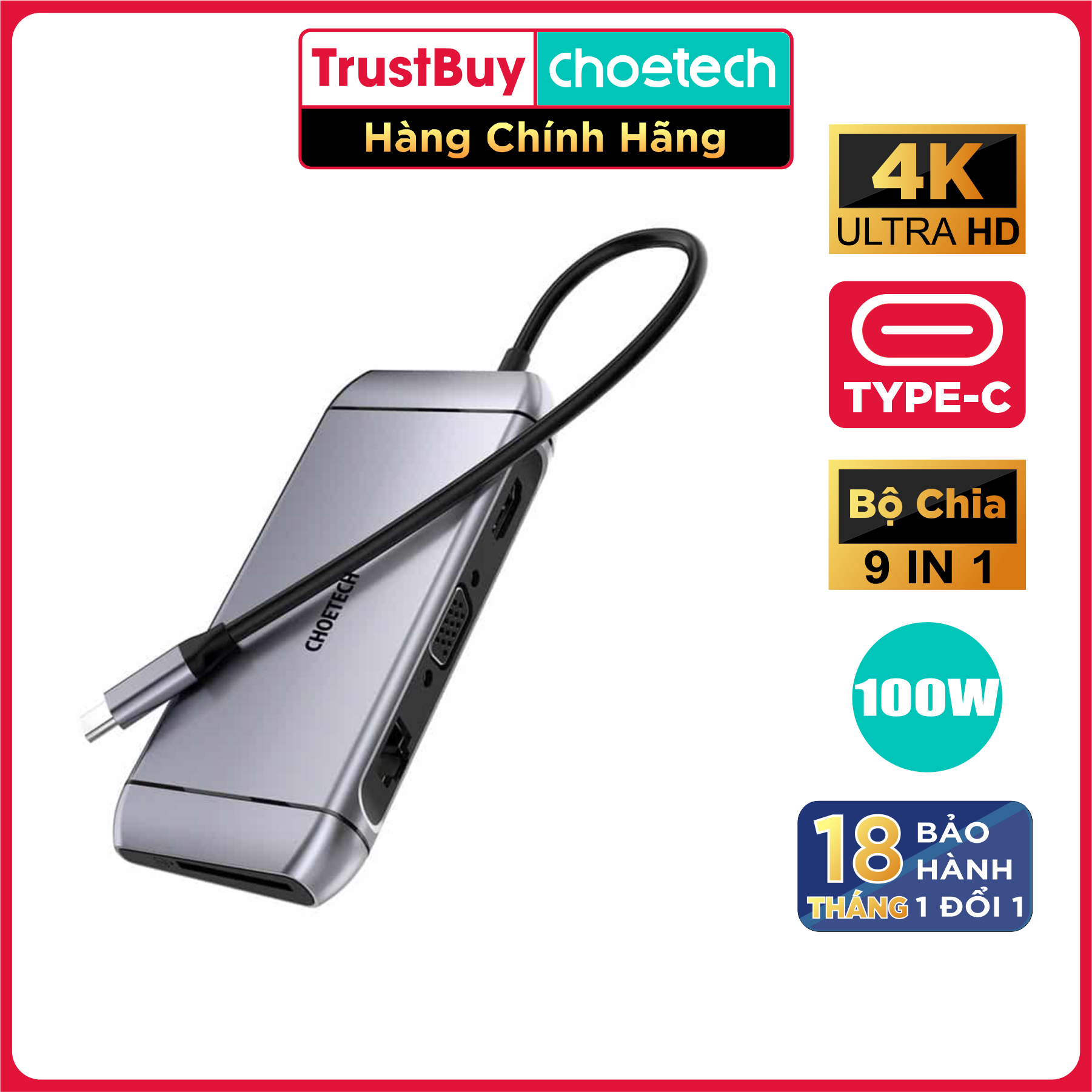 Bộ Chia CHOETECH HUB-M15 Cổng USB C 9 Trong 1 Với 4k Hdmi/PD 100w/Usb 3.0/Rj45 Ethernet/Vga/TF/SD/USB 3.0 - Hàng Chính Hãng