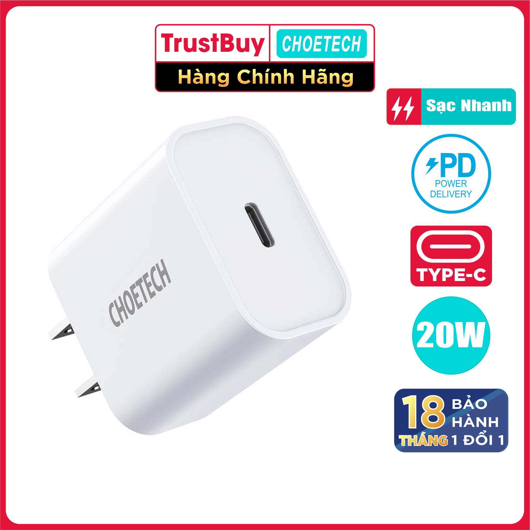 Adapter Củ Sạc CHOETECH PD 20W Chuyên Sạc Nhanh iPhone, iPad, Oppo, Xiaomi chống cháy nổ, PD5005 - Hàng Chính Hãng