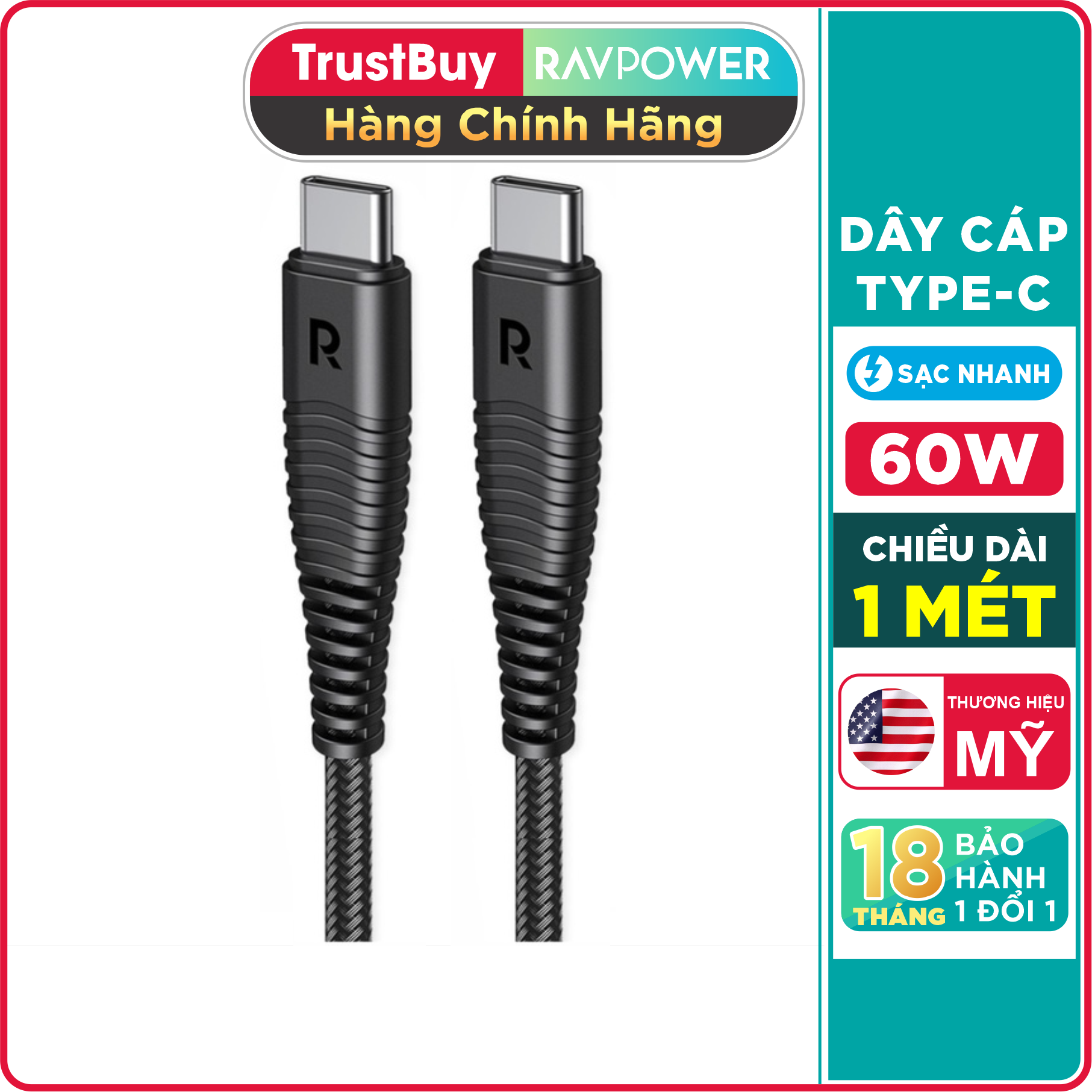 Dây Cáp Sạc Type-C to Type-C Sạc Nhanh cho điện thoại, tablet, ultrabook, MacBook Air Dài 1m, Dây Dù Nylon RAVPower RP-CB047 - Hàng Phân Phối Chính Thức