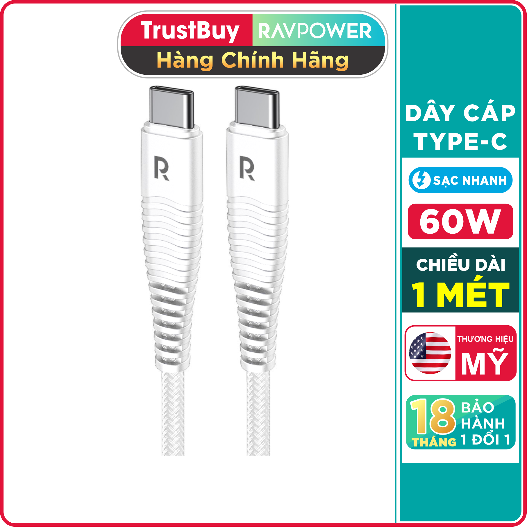 Dây Cáp Sạc Type-C to Type-C Sạc Nhanh cho điện thoại, tablet, ultrabook, MacBook Air Dài 1m, Dây Dù Nylon RAVPower RP-CB047 - Hàng Phân Phối Chính Thức