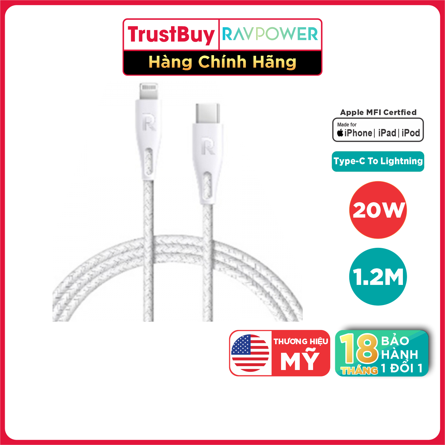 Dây Cáp Sạc Lightning Cho iPhone, iPad RAVPower RP-CB1004 MFI Type C To Lightning -  Dài 1,2m - Hàng Phân Phối Chính Hãng