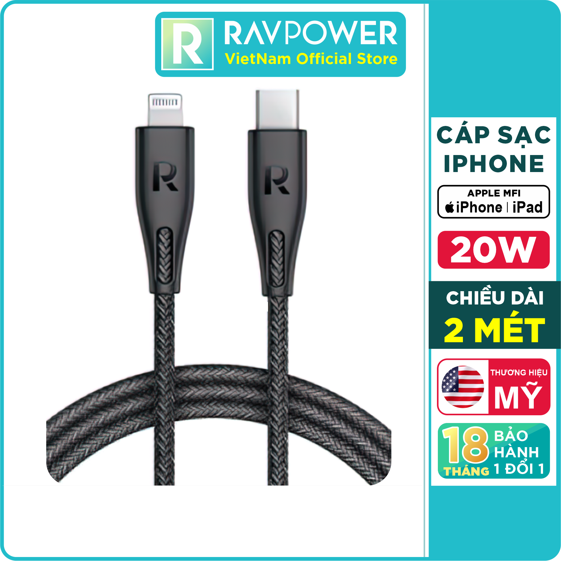 Dây Cáp Sạc điện thoại Iphone RAVPower RP-CB1018 Type-C To Lightning 20W Chuẩn MFI C94 Sạc Nhanh Cho iPhone, Cho iPad, Dây Nylon Siêu Bền Dài 2m  - Hàng Chính Hãng