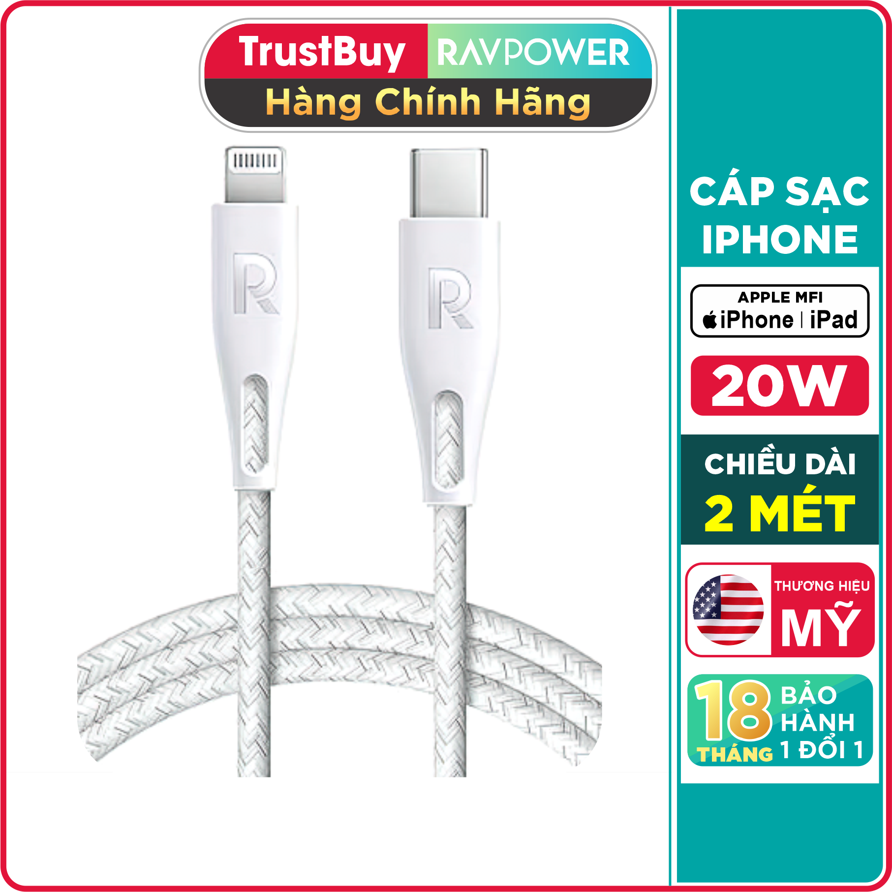 Dây Cáp Sạc điện thoại Iphone RAVPower RP-CB1018 Type-C To Lightning 20W Chuẩn MFI C94 Sạc Nhanh Cho iPhone, Cho iPad, Dây Nylon Siêu Bền Dài 2m  - Hàng Chính Hãng