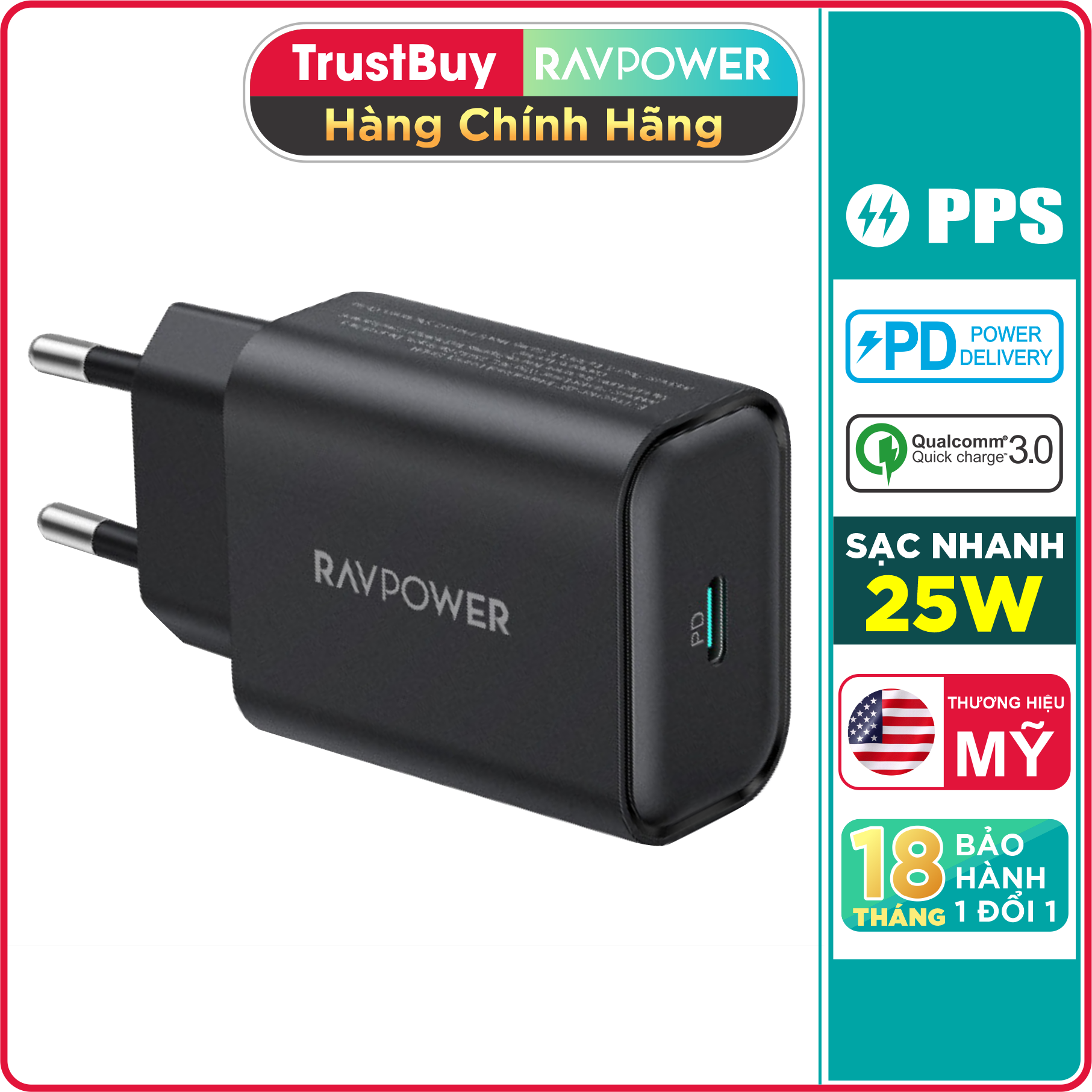 Củ Sạc điện thoại công nghệ PPS cho Samsung RAVPower RP-PC156 25W Type C PD 3.0 & QC 3.0 - Hàng Chính Hãng