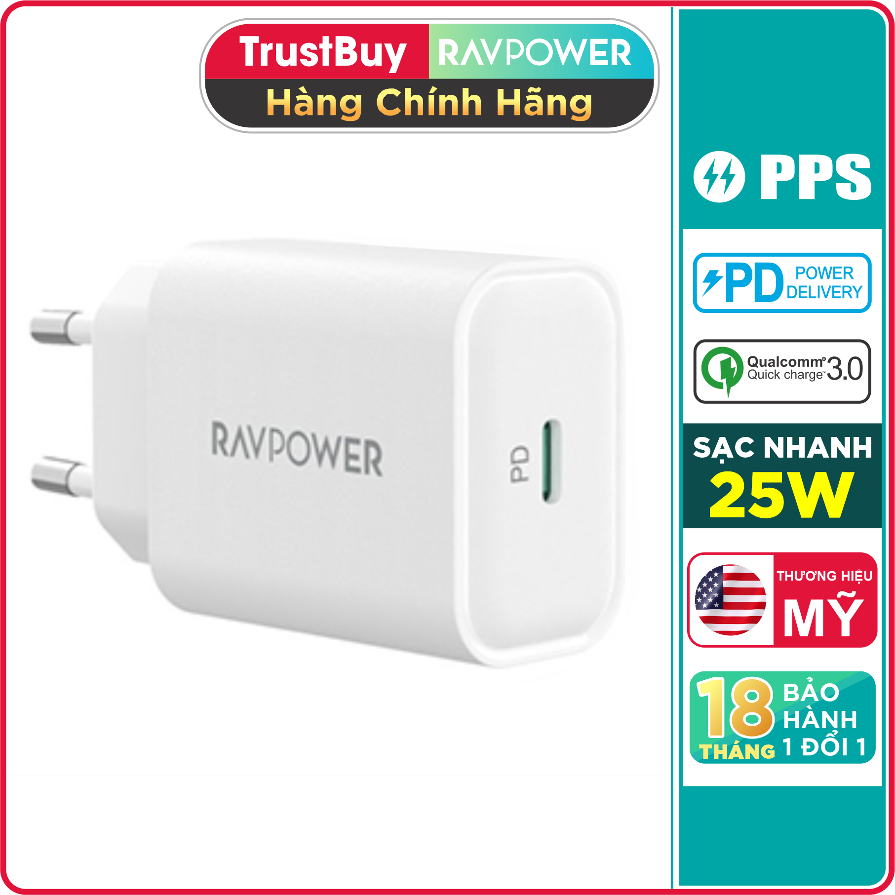 Củ Sạc điện thoại công nghệ PPS cho Samsung RAVPower RP-PC156 25W Type C PD 3.0 & QC 3.0 - Hàng Chính Hãng