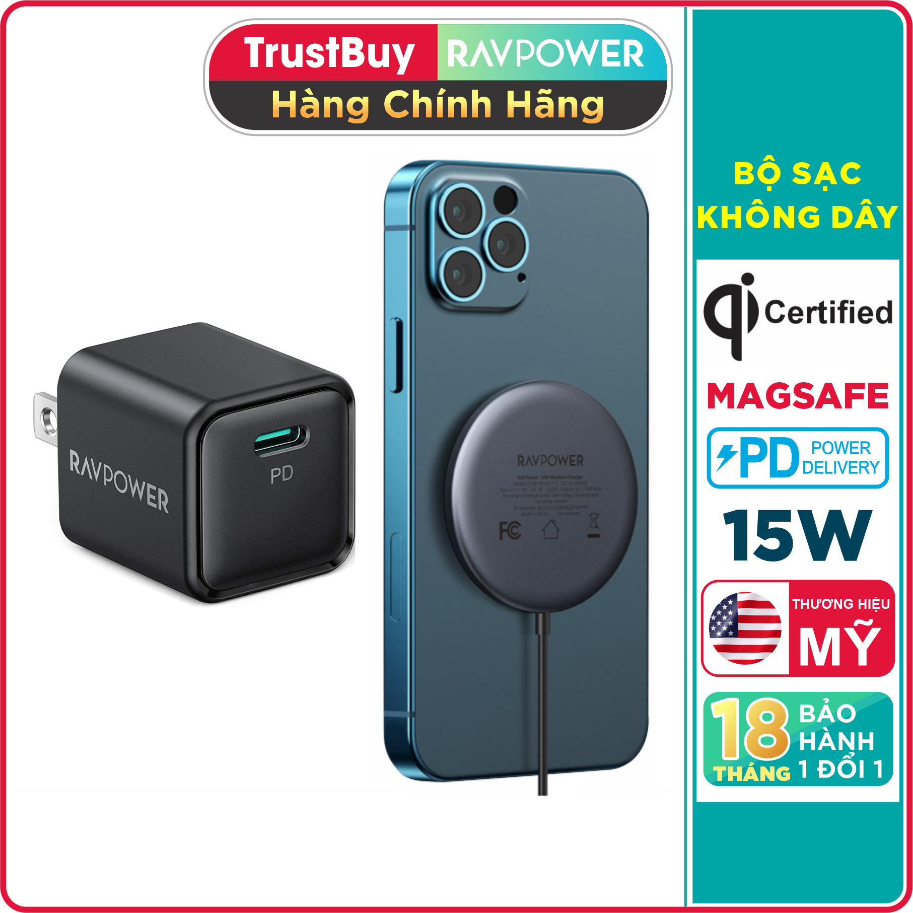 Bộ Sạc Không Dây MagSafe Nam Châm 15W RAVPower RP-WC012 Kèm Củ Sạc Type C 20W Sạc iPhone 12, iPhone 13 - Hàng Chính Hãng