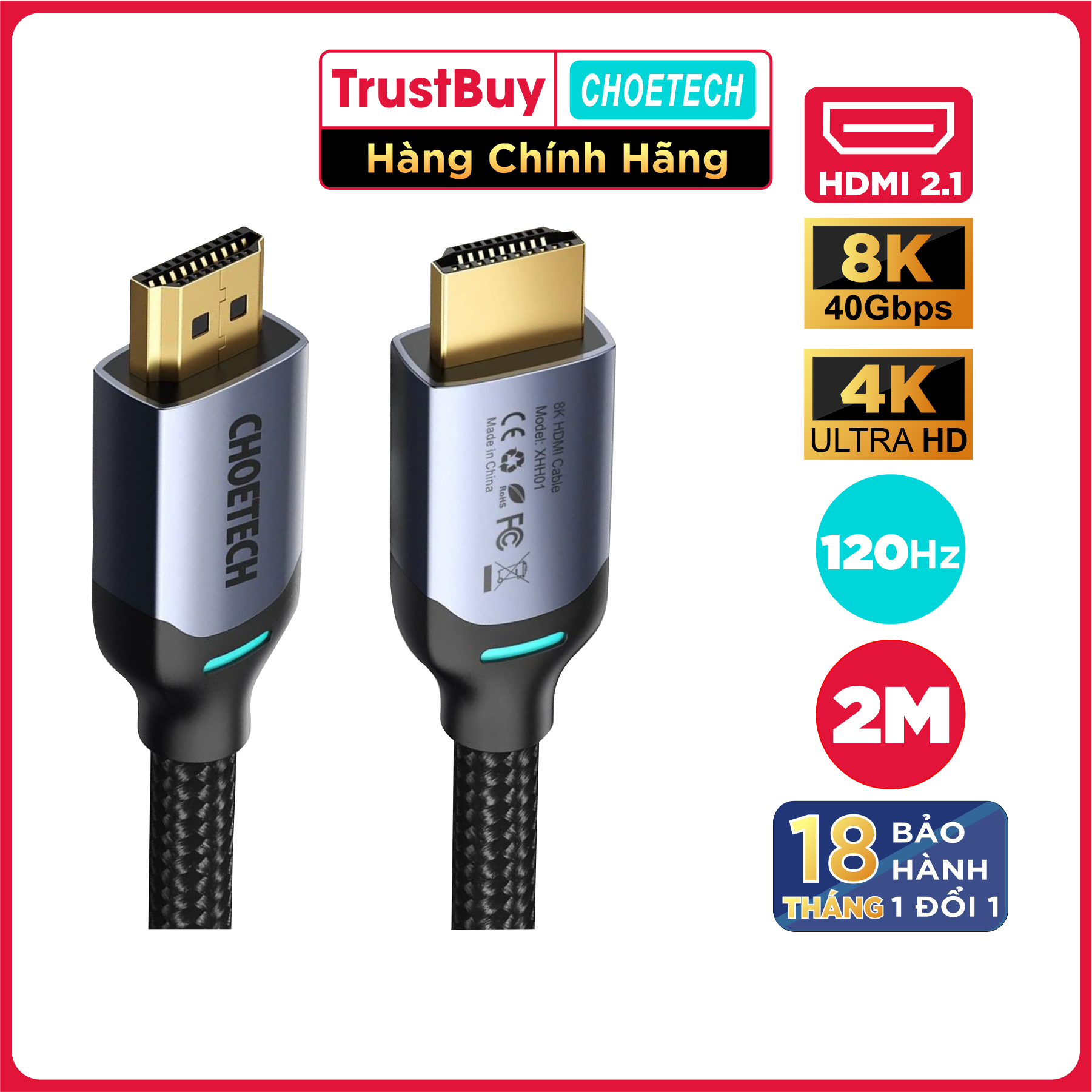 Dây Cáp Dù Lõi HDMI 2.1 8K 48Gbps, 4K 165Hz Dài 2M CHOETECH XHH01 Dùng Cho Tivi/ Máy Tính/ Playstaysion - Hàng Chính Hãng