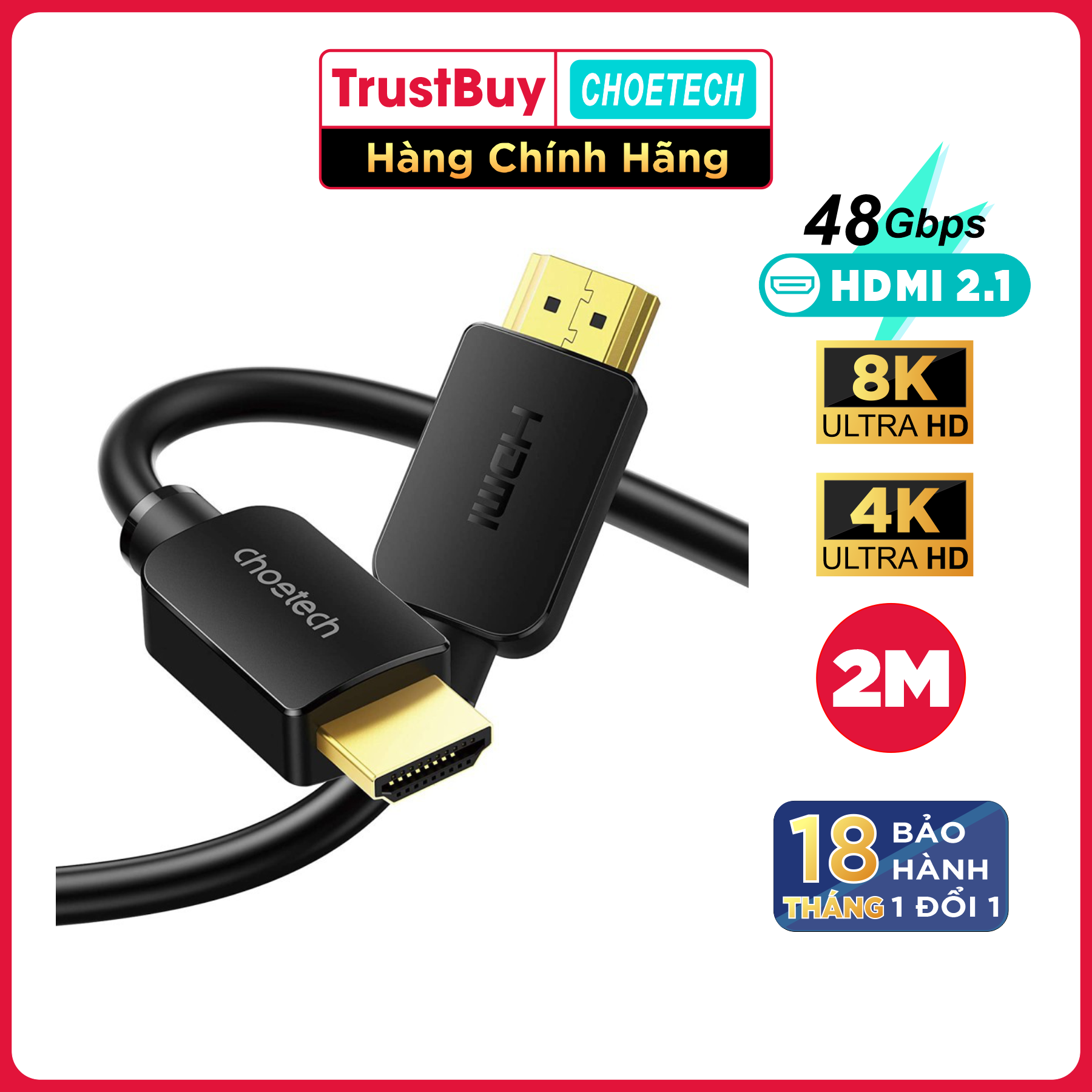 Dây Cáp HDMI 2.1 CHOETECH XHH03-BK Dài 2M Phân Giải Tối Đa 8K 48Gbps, 4K 120Hz Dùng Cho Tivi/Laptop/Playstaysion/PC - Hàng Chính Hãng