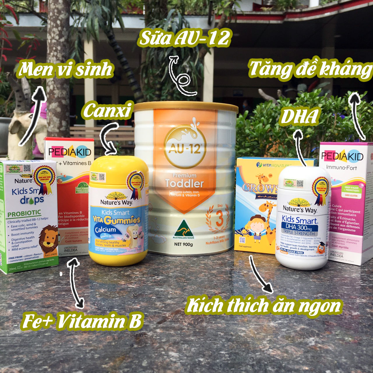 Combo sữa AU-12 và các sản phẩm bổ sung vitamin dành cho bé trên 2 tuổi