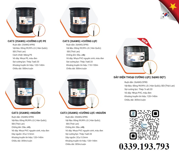 Dây mạng CAT3 liền nguồn có cáp chịu lực 25AWG Việt Hàn