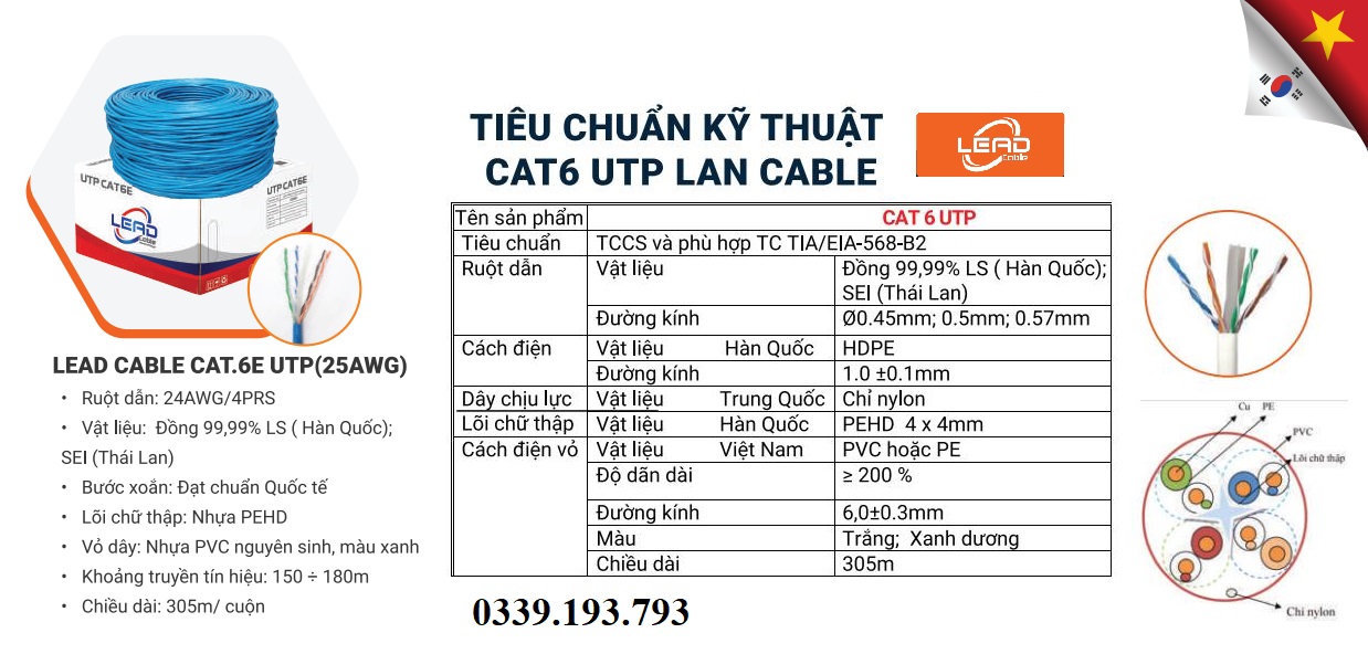 Dây cáp mạng LEAD CABLE CAT6E UTP 25AWG - Việt Hàn