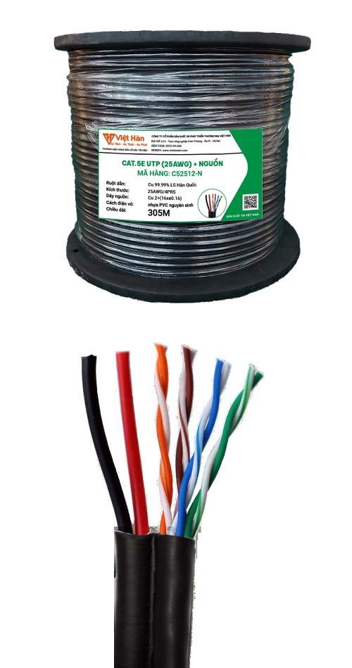 Dây cáp mạng liền nguồn Ls-DVH CAT5E UTP 25AWG - Việt Hàn