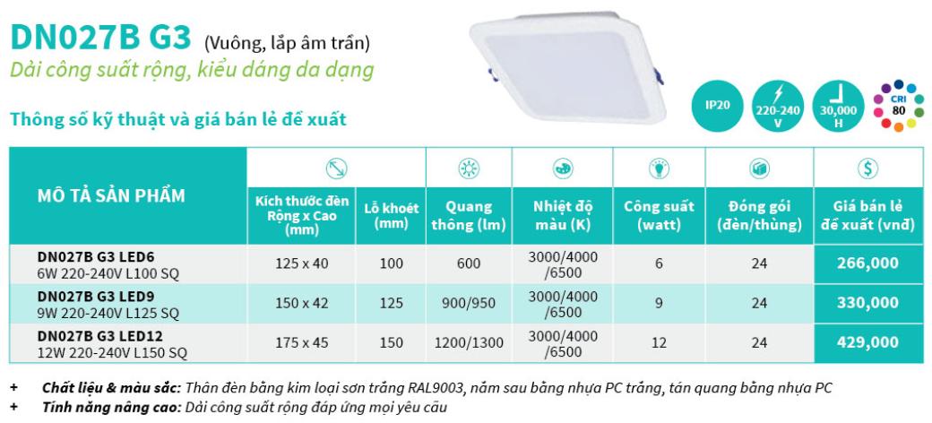 Đèn downlight âm trần vuông 7W DN027B G3 LED6 Philips