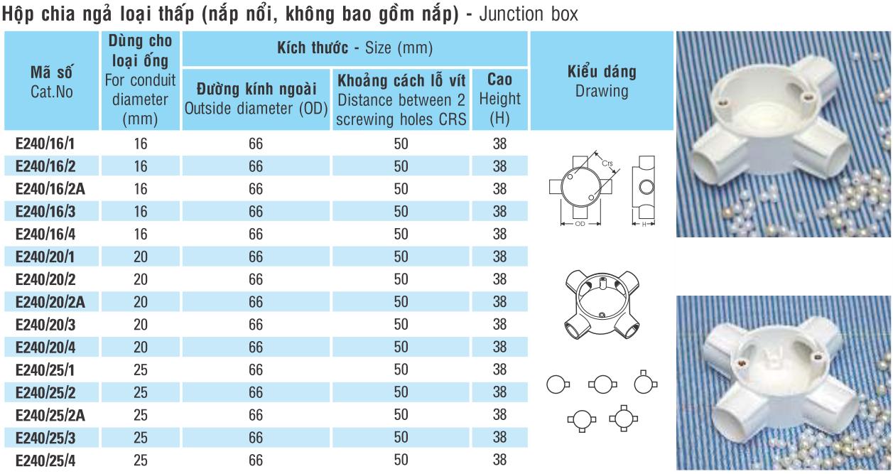 Hộp chia ngã 3 đường D16 Sino E240/16/3 (Loại thấp cao 38mm)