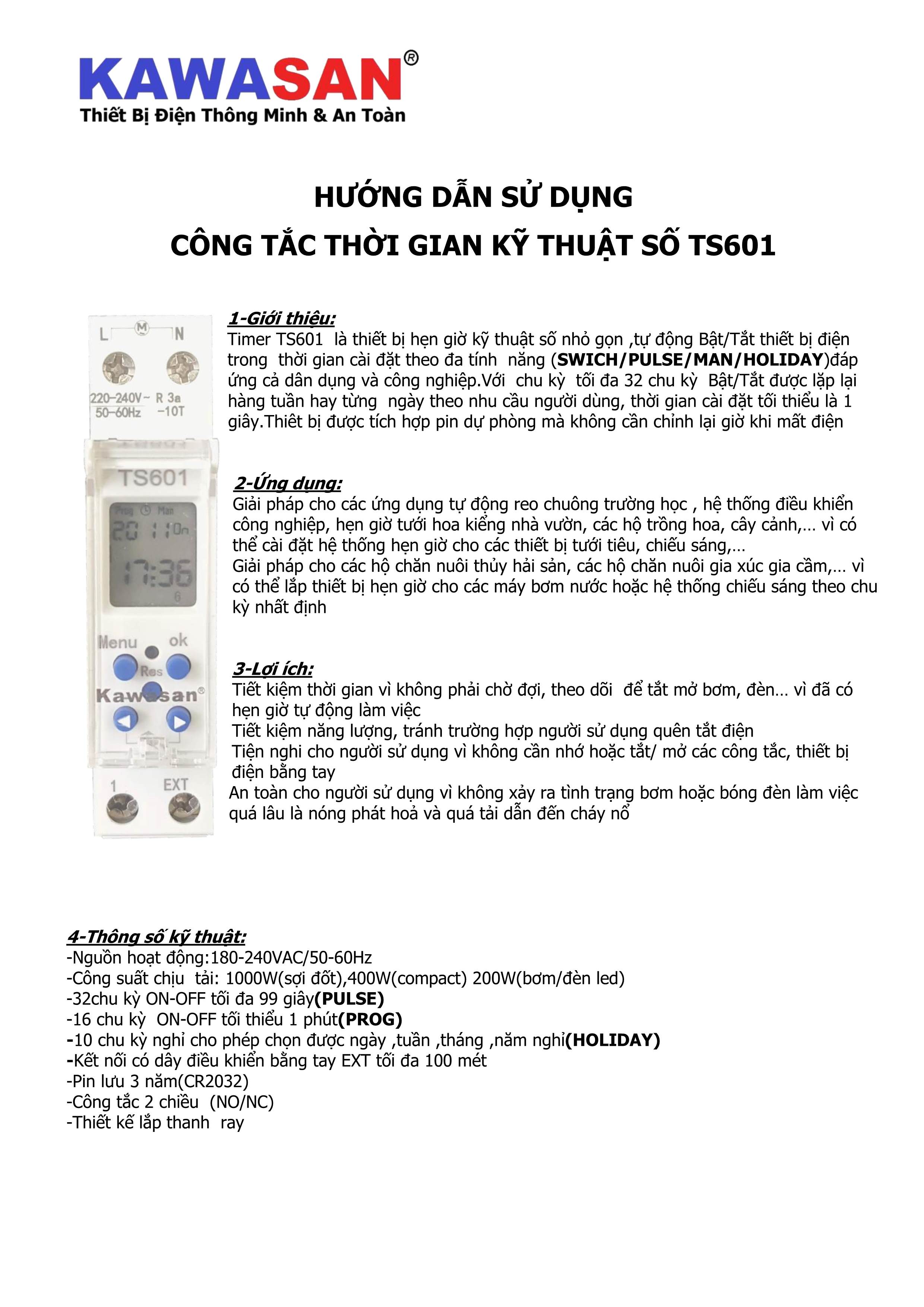 HƯỚNG DẪN SỬ DỤNG TIMER HẸN GIỜ ĐIỆN TỬ KAWASAN TS601: