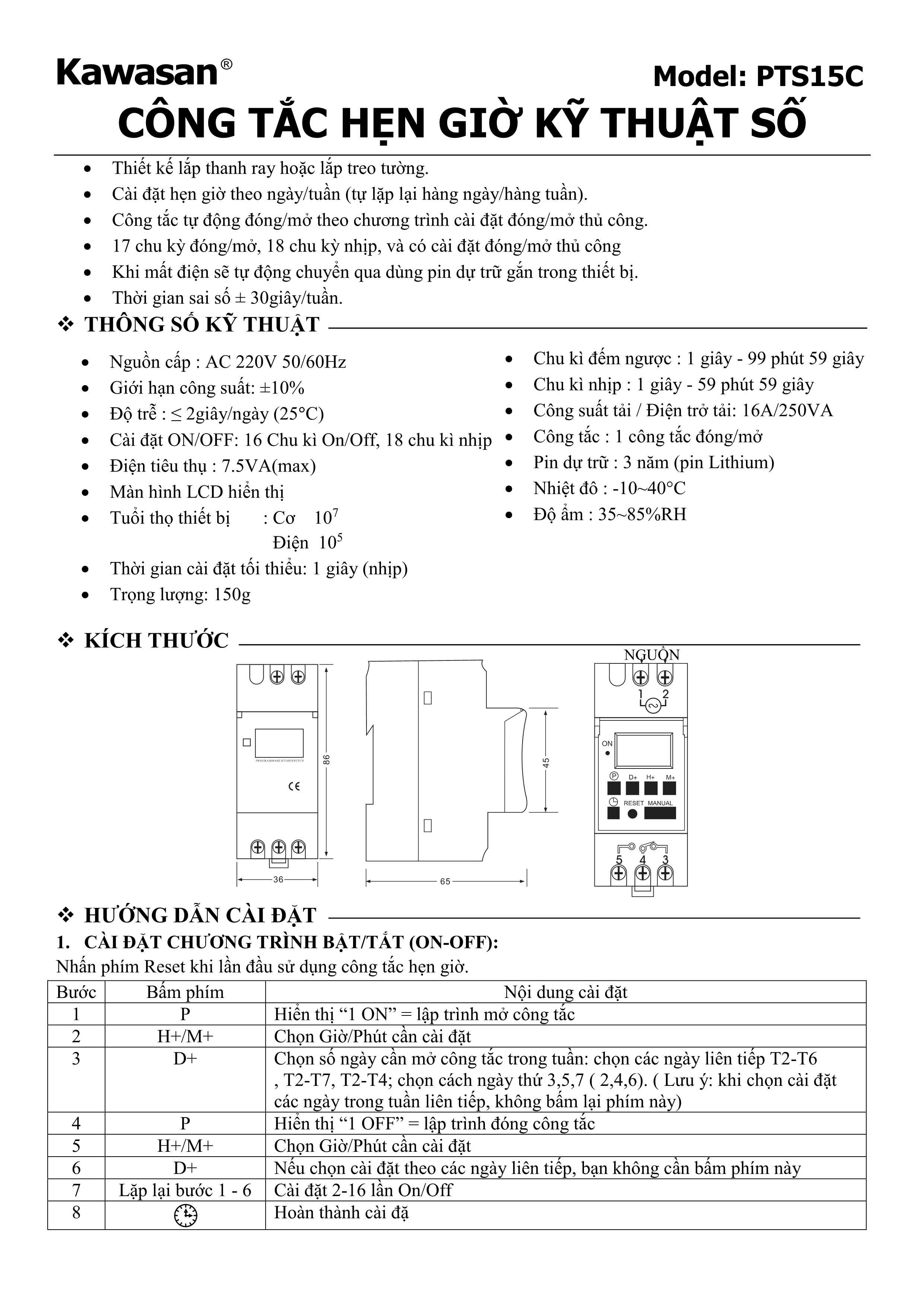 HƯỚNG DẪN SỬ DỤNG TIMER HẸN GIỜ ĐIỆN TỬ KAWASAN PTS15C