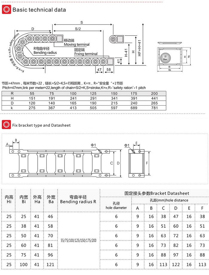 Máng xích nhựa cầu hở, cao trong 25mm