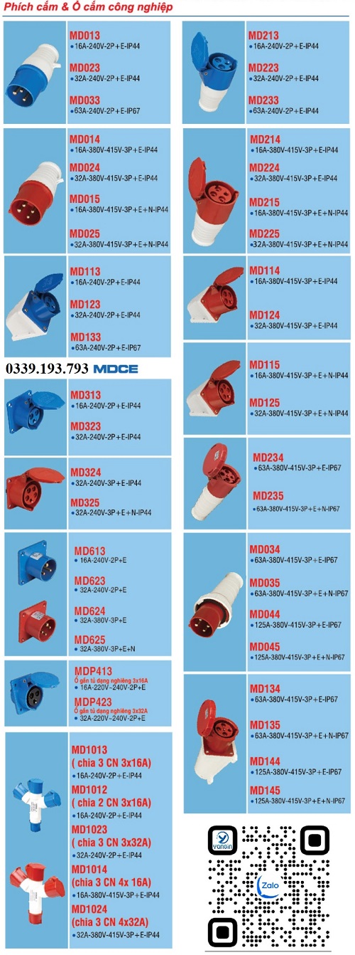 Ổ cắm công nghiệp di động 4 chân 32A 3P+E IP44 MDCE MD224
