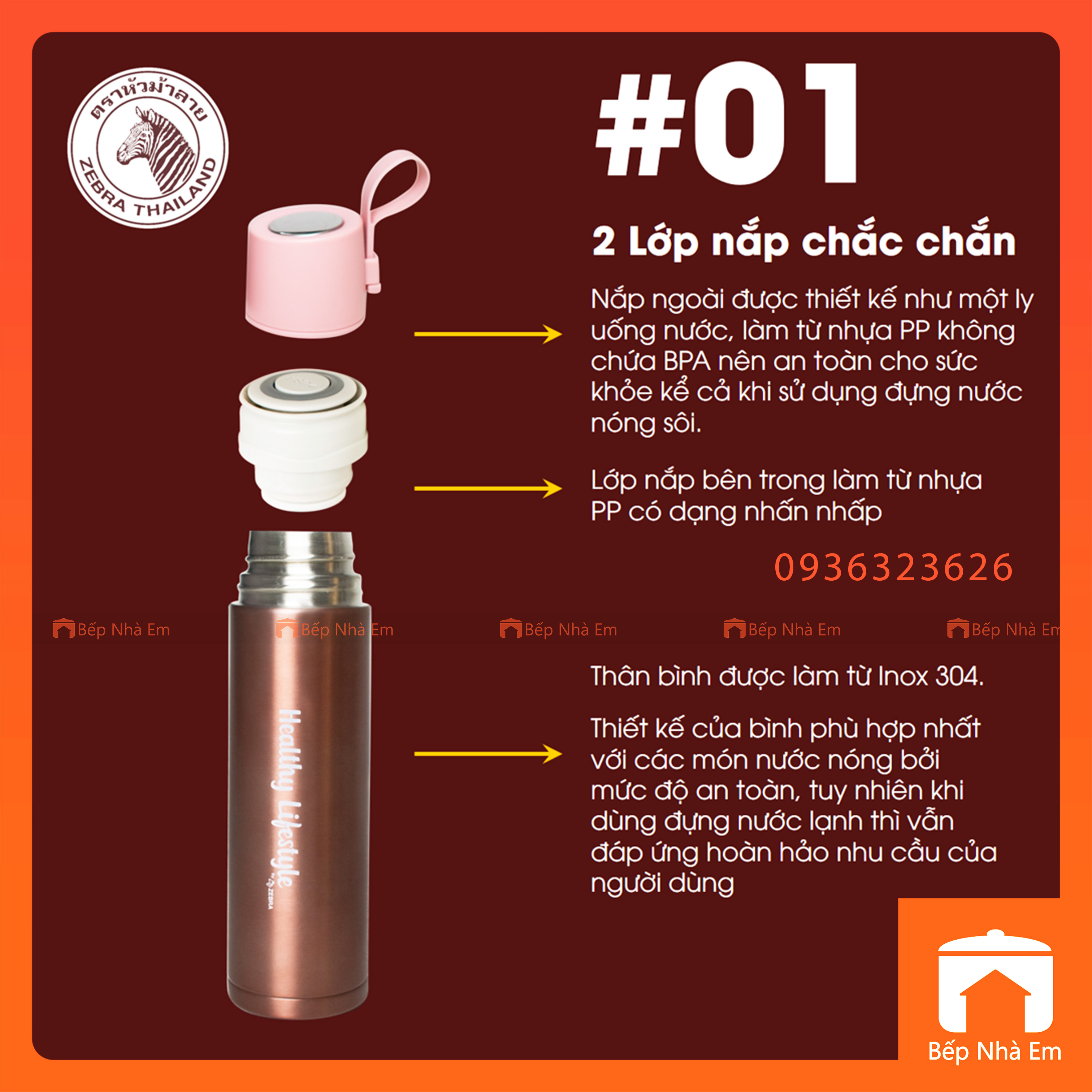 Bình Giữ Nhiệt ZEBRA Healthy Lifestyle 0.45L ( Inox 304) - 112669 - Hàng Nhập Khẩu Thái Lan