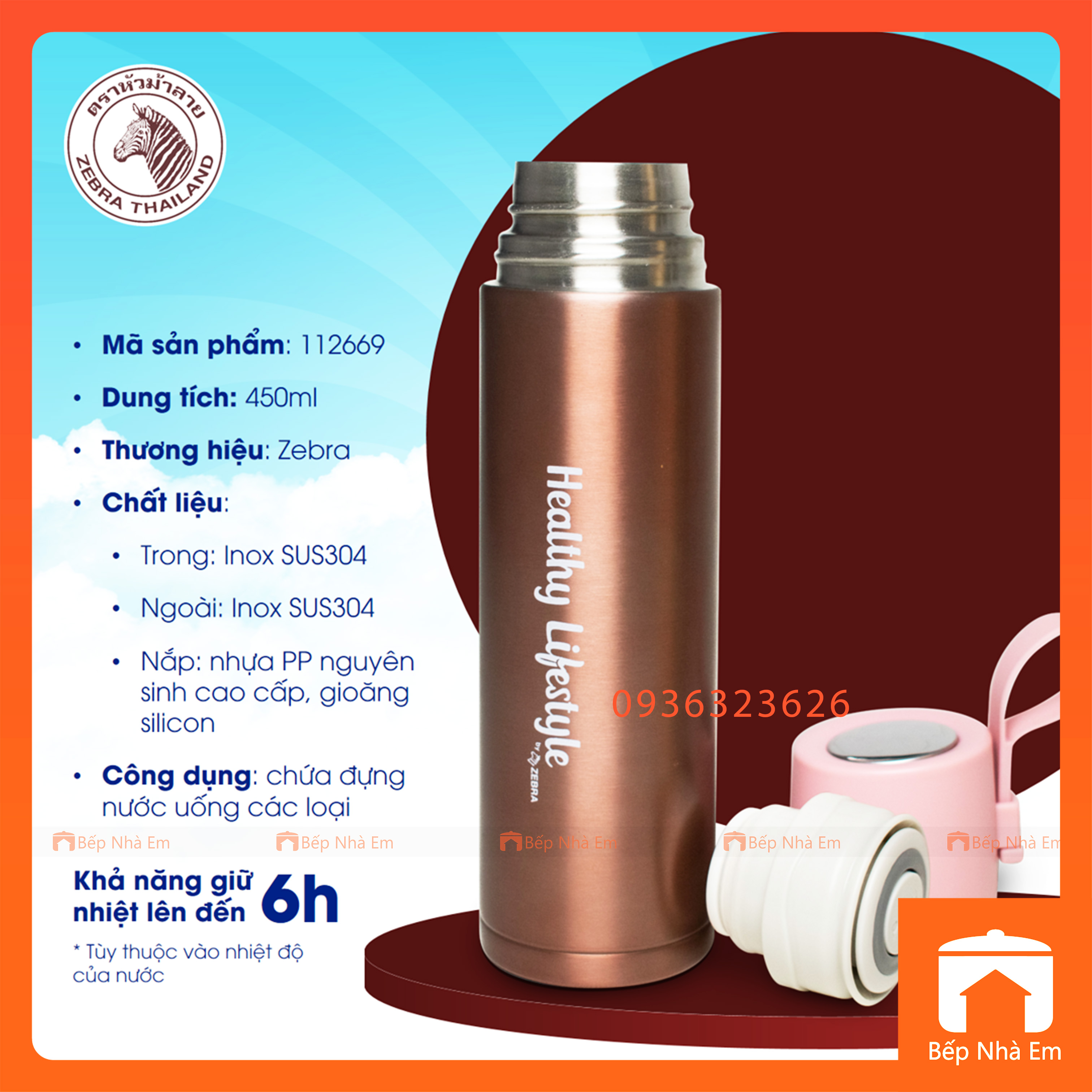 Bình Giữ Nhiệt ZEBRA Healthy Lifestyle 0.45L ( Inox 304) - 112669 - Hàng Nhập Khẩu Thái Lan