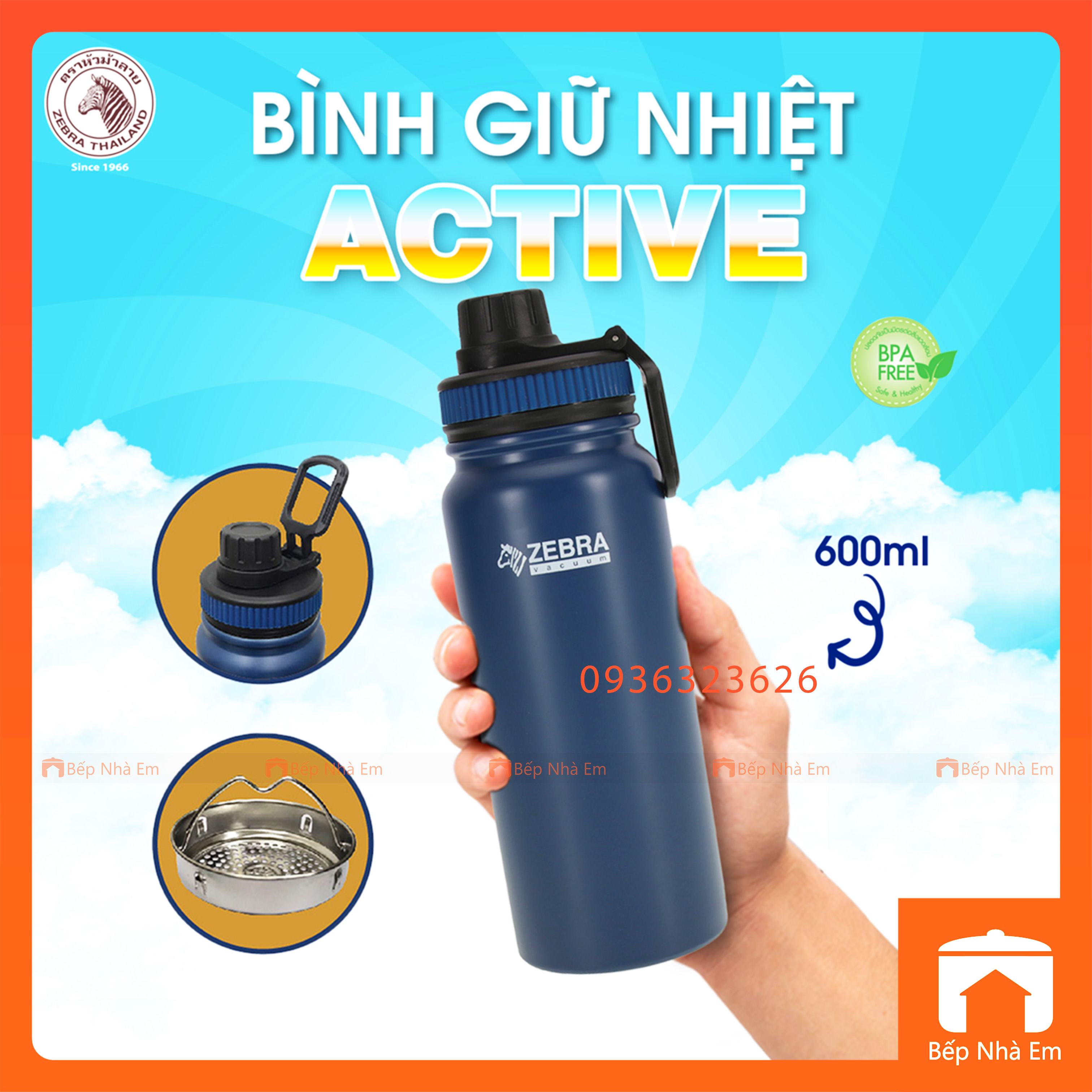 Bình Giữ Nhiệt ZEBRA Thể Thao Active 600ml Có Vỉ Lược - Hàng Nhập Khẩu Thái Lan
