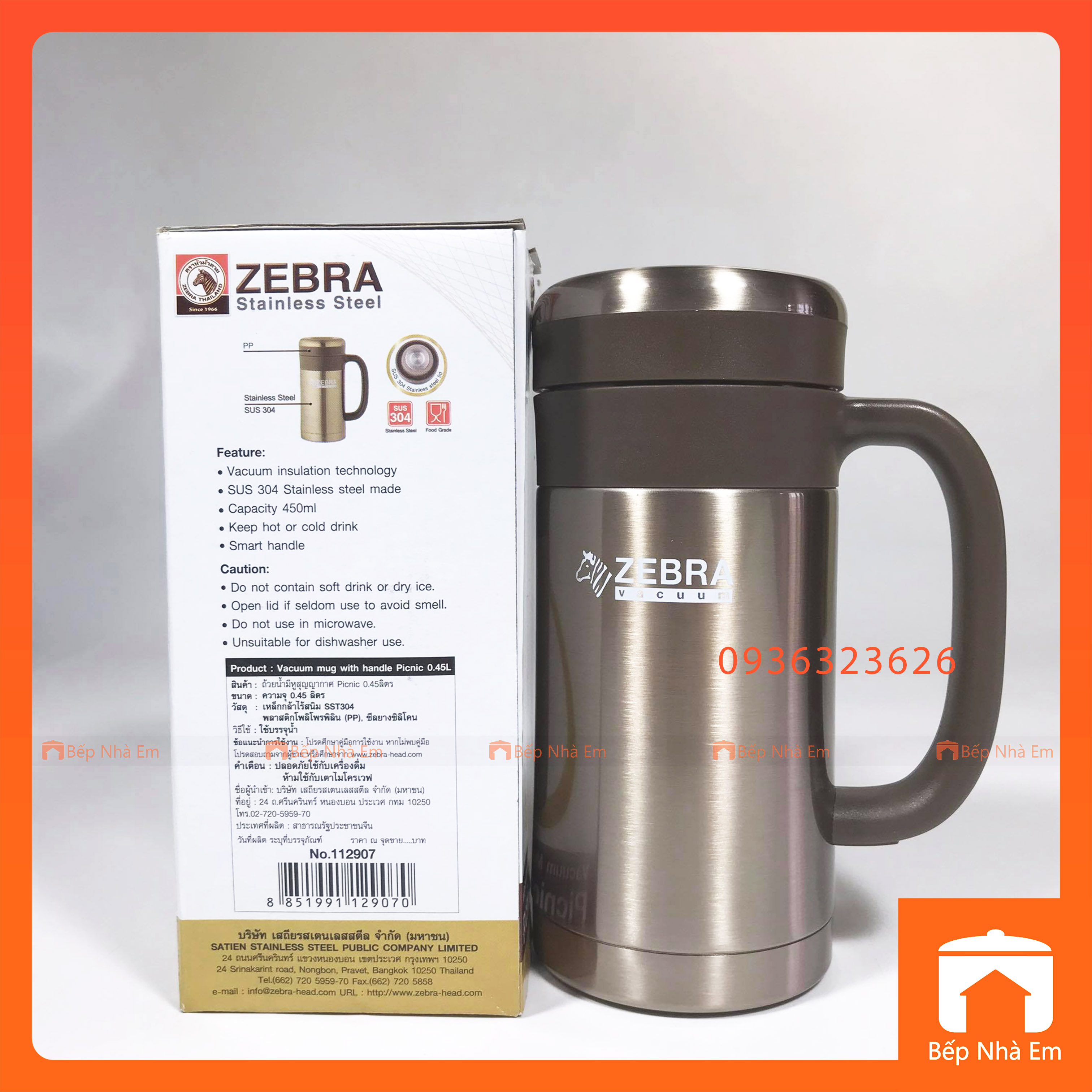 Ca Giữ Nhiệt ZEBRA Picnic 0.45L (Inox 304) - 112907 - Hàng Nhập Khẩu Thái Lan
